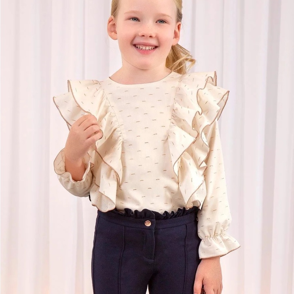 Abel & Lula Crème & Gold Holiday blouse. Rose Gold Metallic Stitching. Christmas